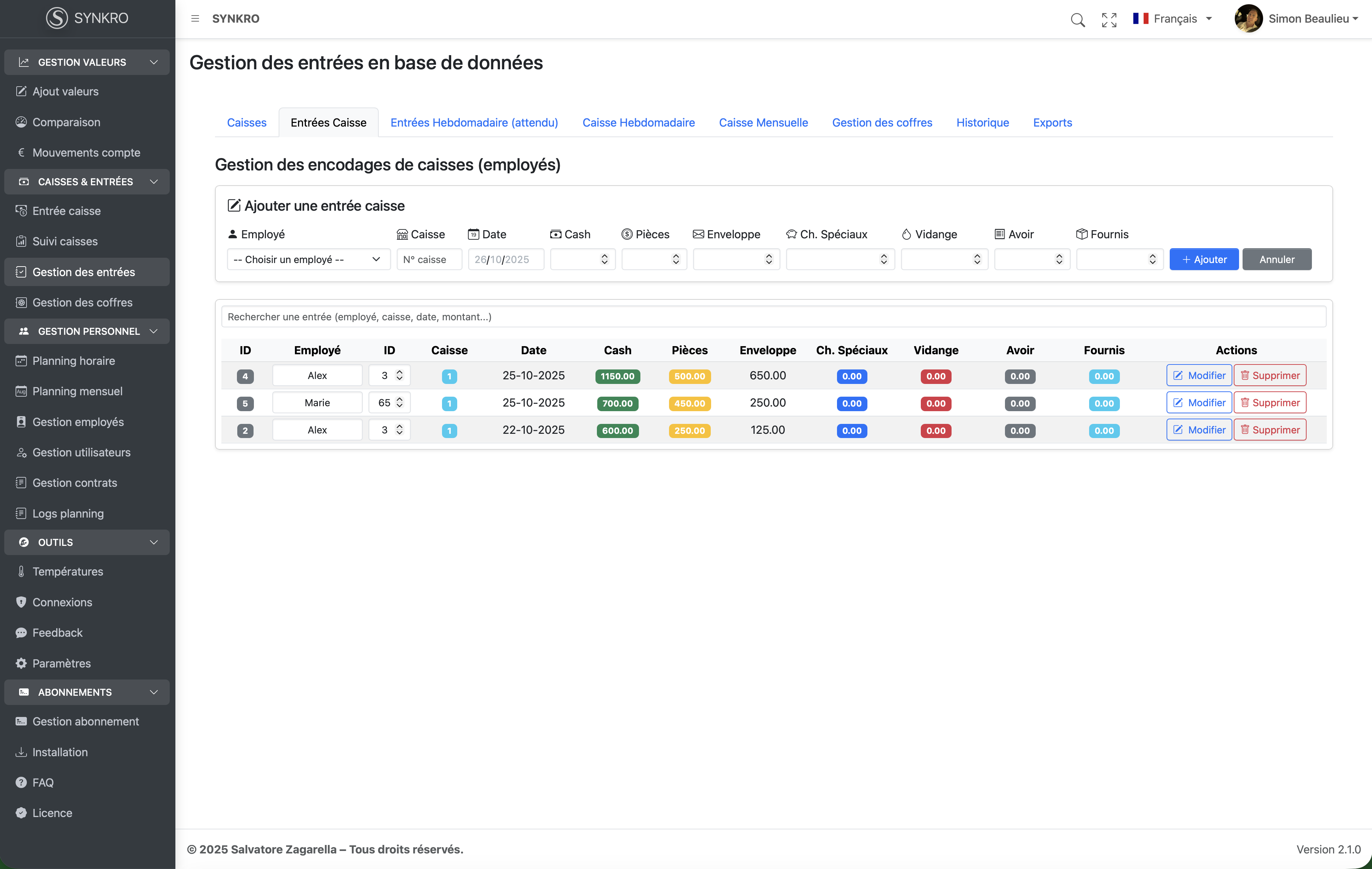 Gestion des entrées
